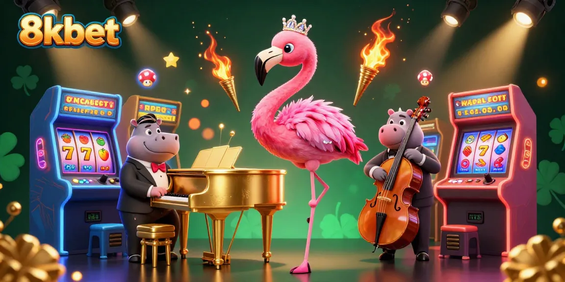 8xbet offers vibrant casino action with a flamingo singer and hippo bassist surrounded by gaming machines.