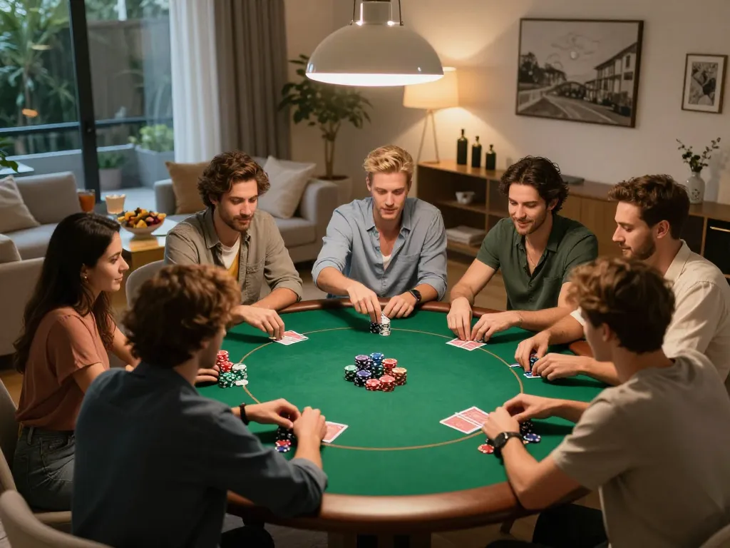 58win poker night with players engaged in a competitive game around a cozy table.