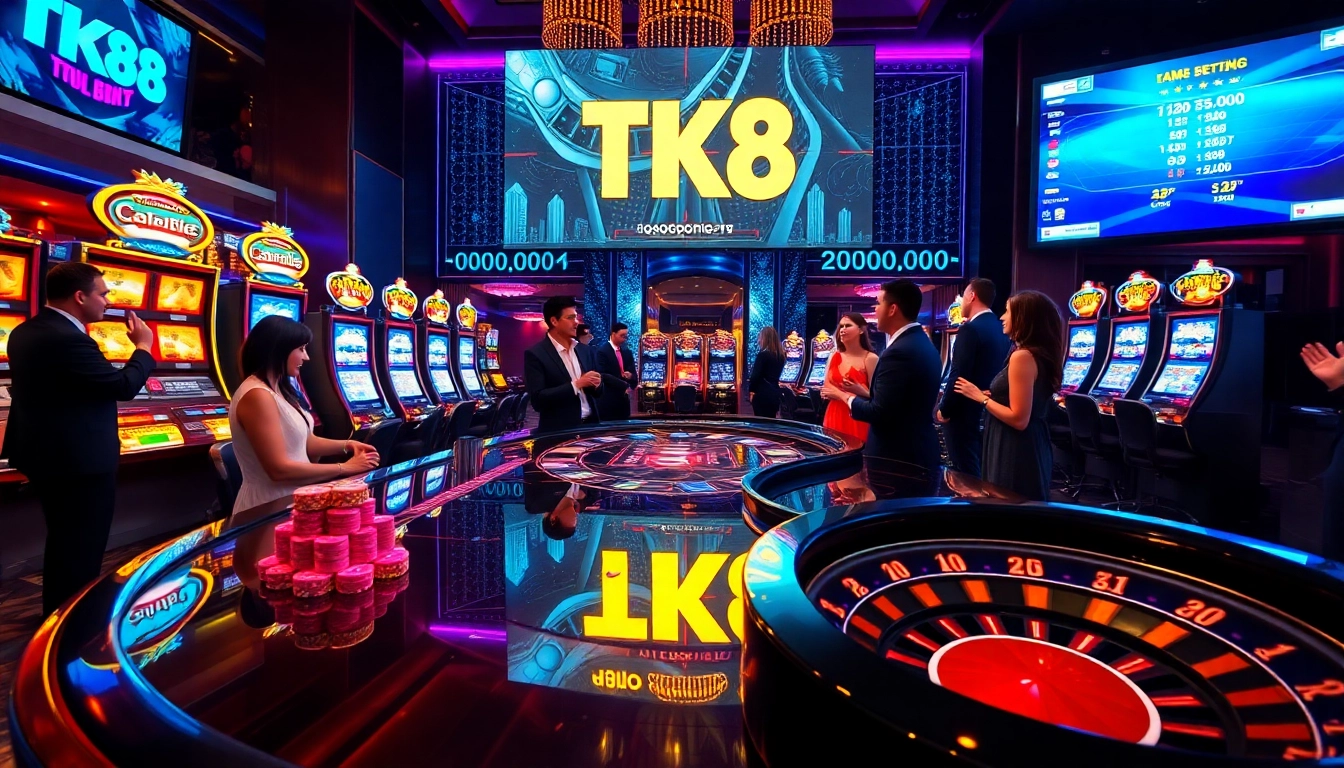 Engaging scene featuring TK88 gaming elements with vibrant casino tables and excited players.