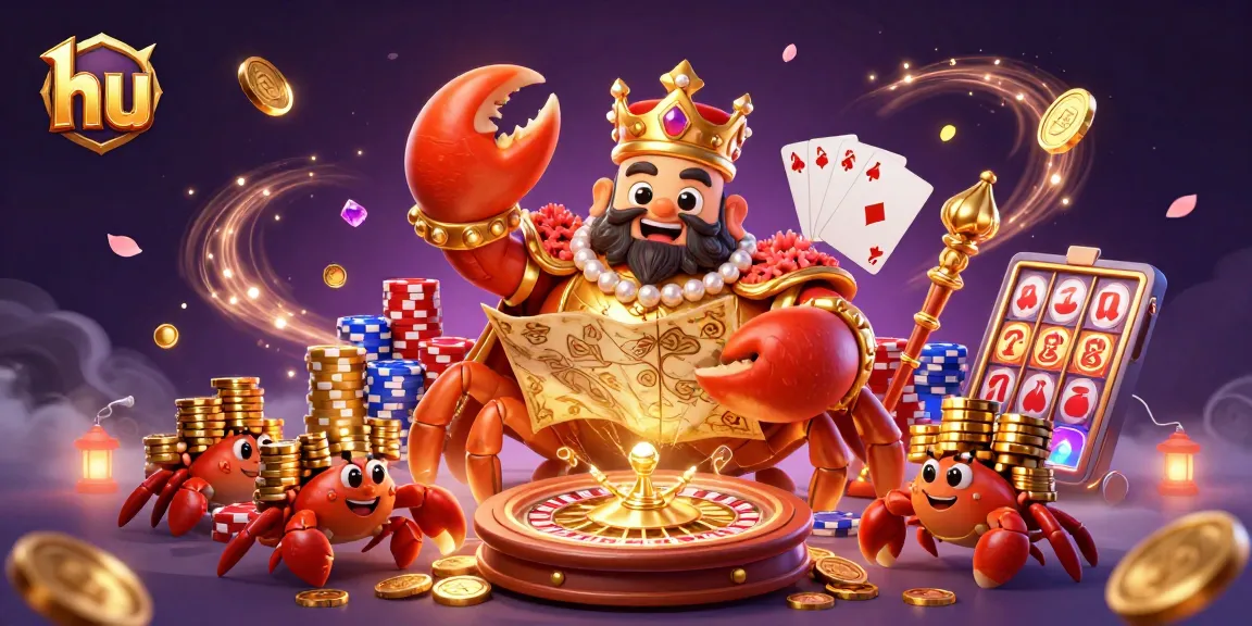 Experience thrilling gameplay at hu's cartoon casino with crab emperor surrounded by gems and golden coins.