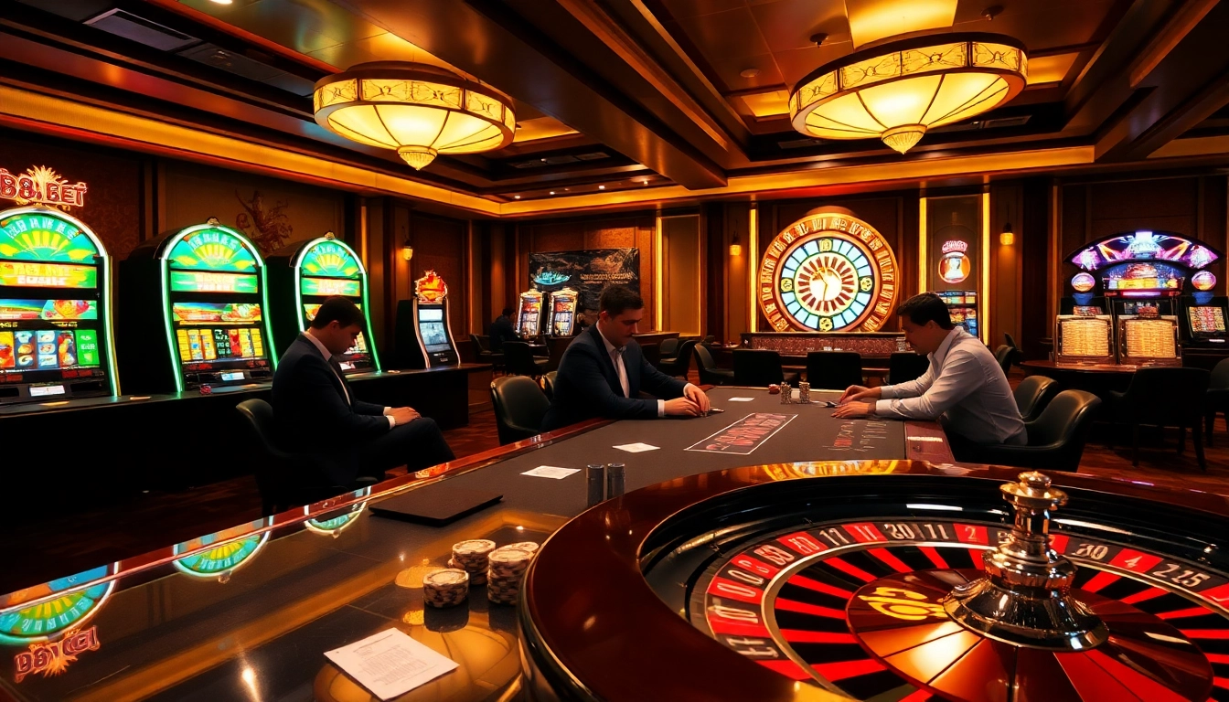 Experience the excitement of 88bet at a luxurious casino with vibrant slot machines and a lively poker table.