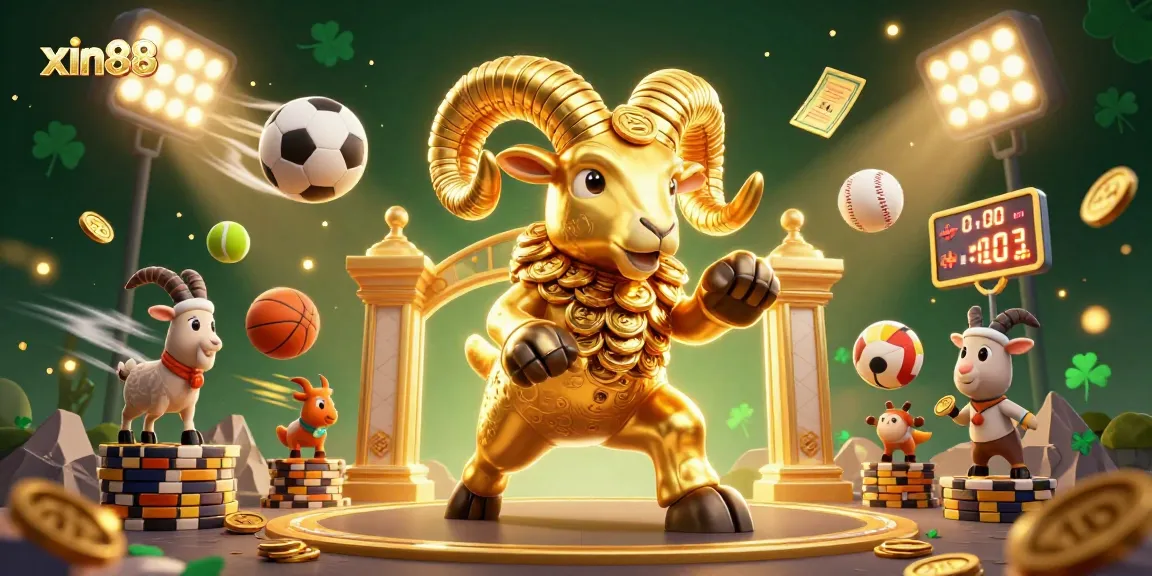 Experience the thrill of xin88 with a vibrant 3D scene showcasing a golden ram charging through a casino filled with dynamic game elements.