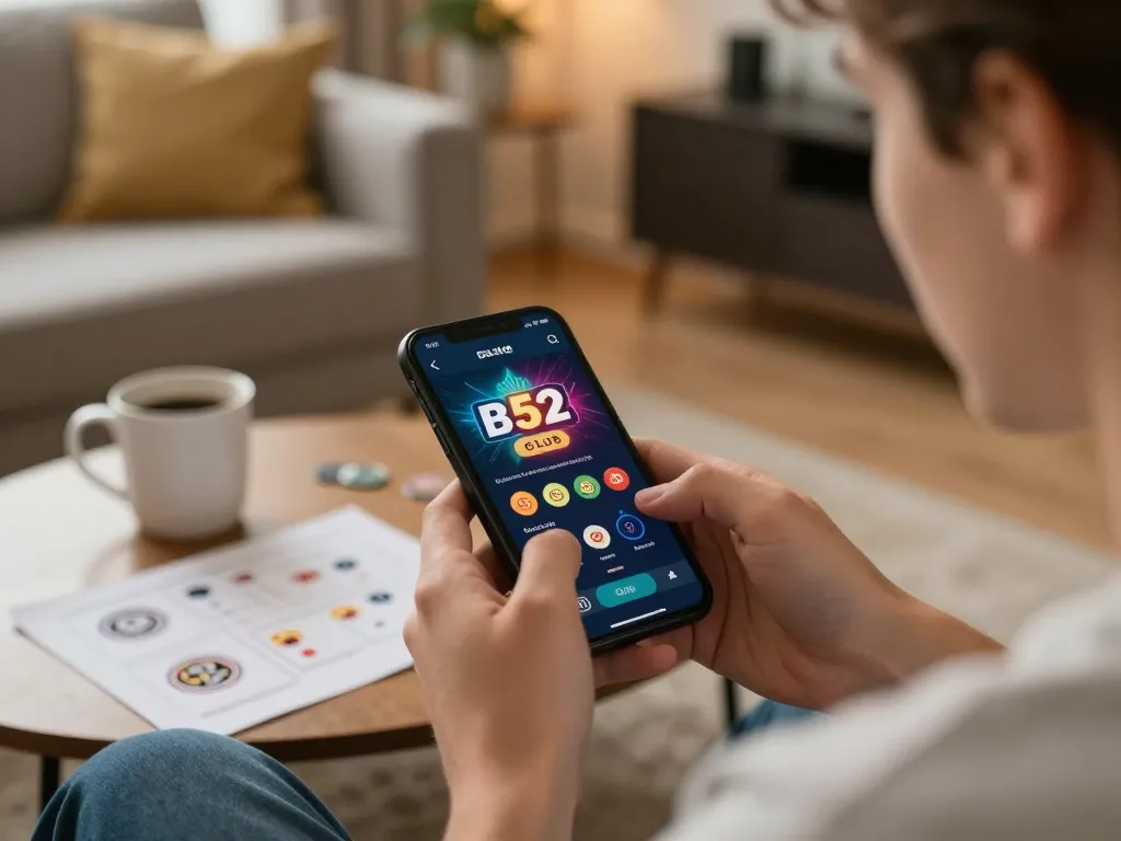 B52 app gaming on a smartphone with cozy home ambiance, showcasing responsible gambling in style.
