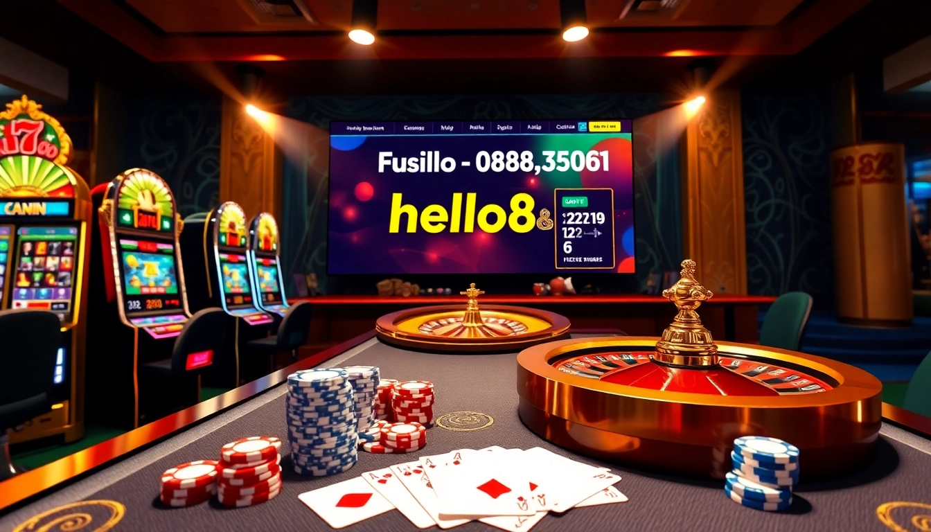 Experience the thrill at https://hello88app.com/ with vibrant slot machines and golden poker chips.
