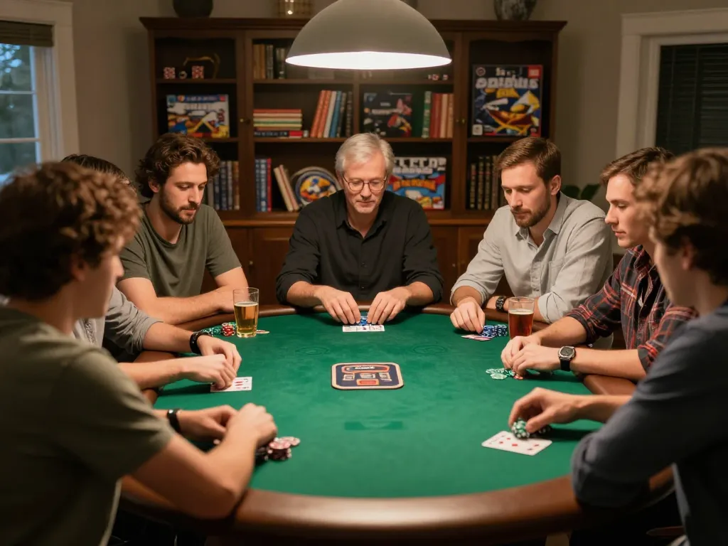 Fly88 players engaged in an exciting home poker night, showcasing strategy and friendly competition