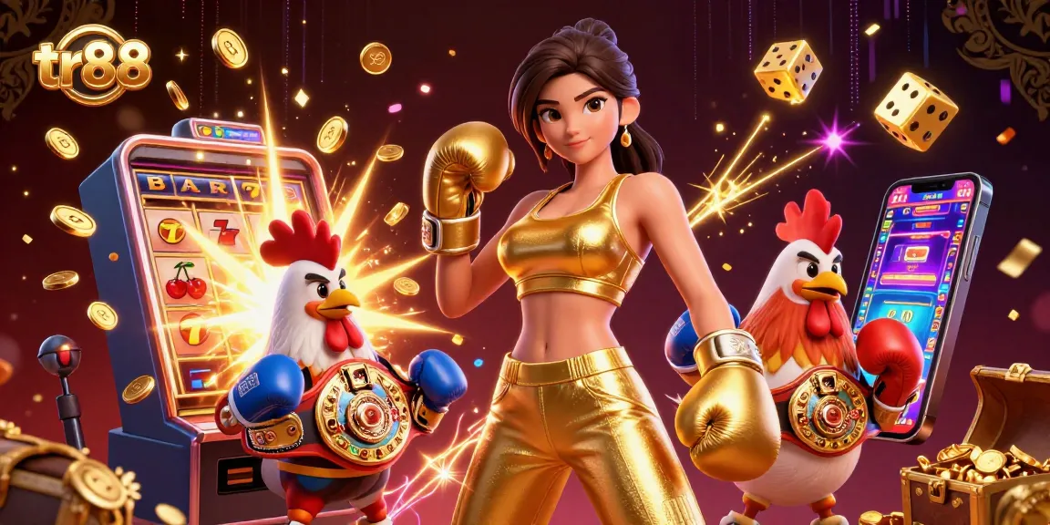 Experience thrilling wins at tr88 with a dynamic scene featuring casino elements, jackpots, and a championship rooster.