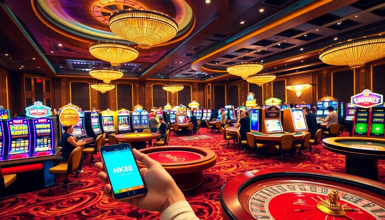 Players enjoy casino games with NK88 app in a vibrant gambling environment.