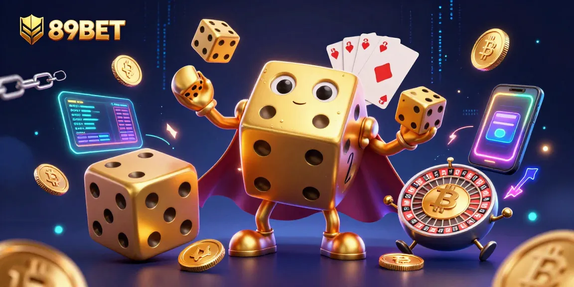 Experience thrilling gaming with 89BET at the vibrant casino scene featuring golden dice and crypto elements.