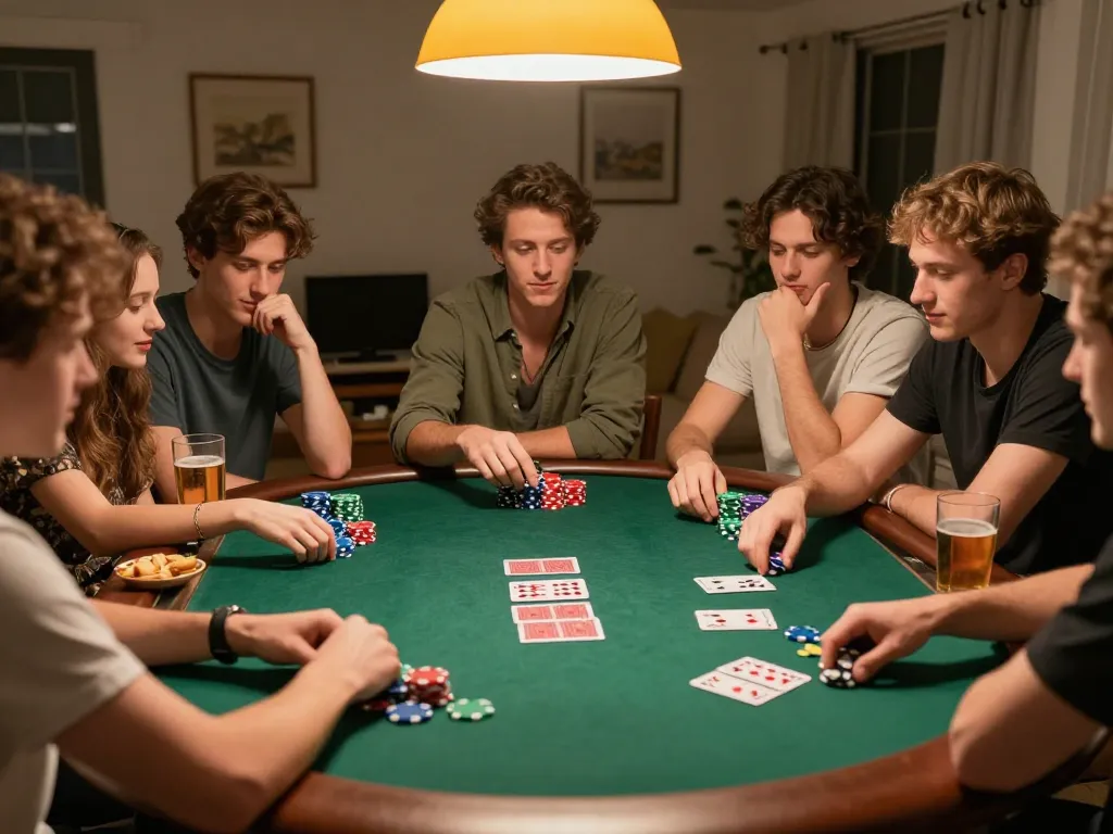 Friends enjoy a thrilling poker game night at home, showcasing WW88's engaging gambling experience.