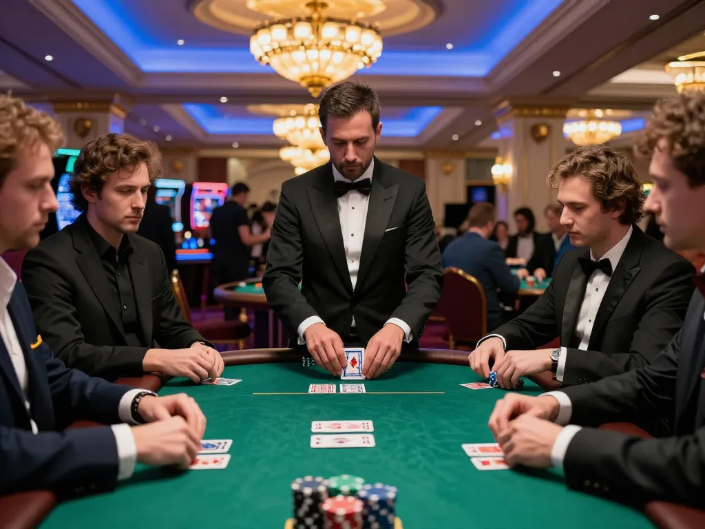 Players engage in a tense poker game at luxury casino table with Ok9 strategies in play