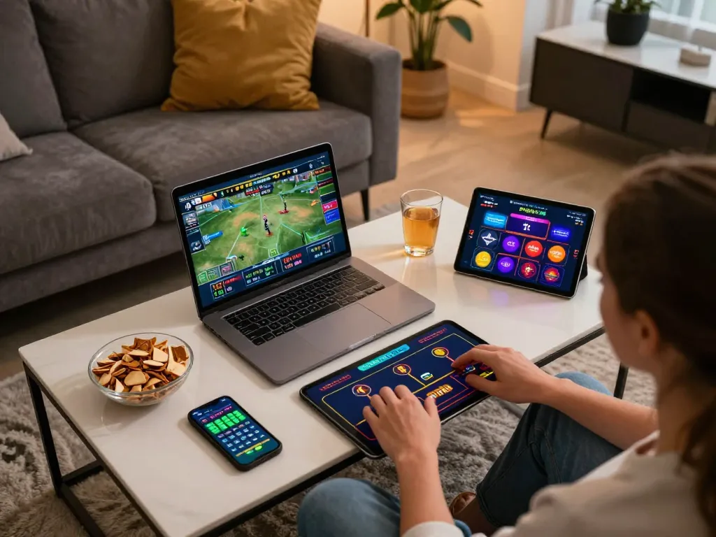 Engaged player using 7M app for sports betting while enjoying a casual home environment.