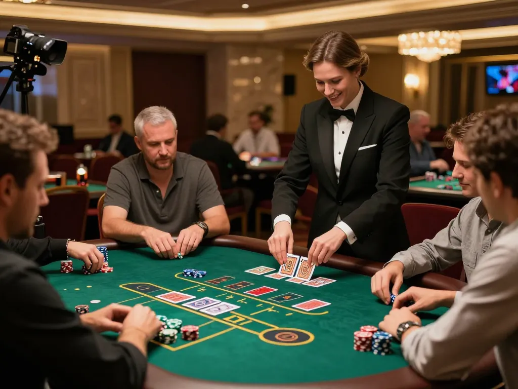 Experience the thrill of win678's Baccarat table with players placing bets and a smiling dealer