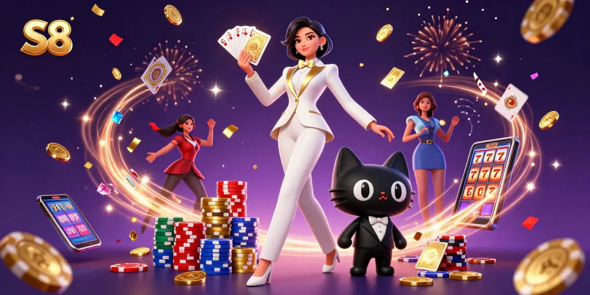 S8 offers thrilling gameplay with poker chips and golden coins in a vibrant casino scene.