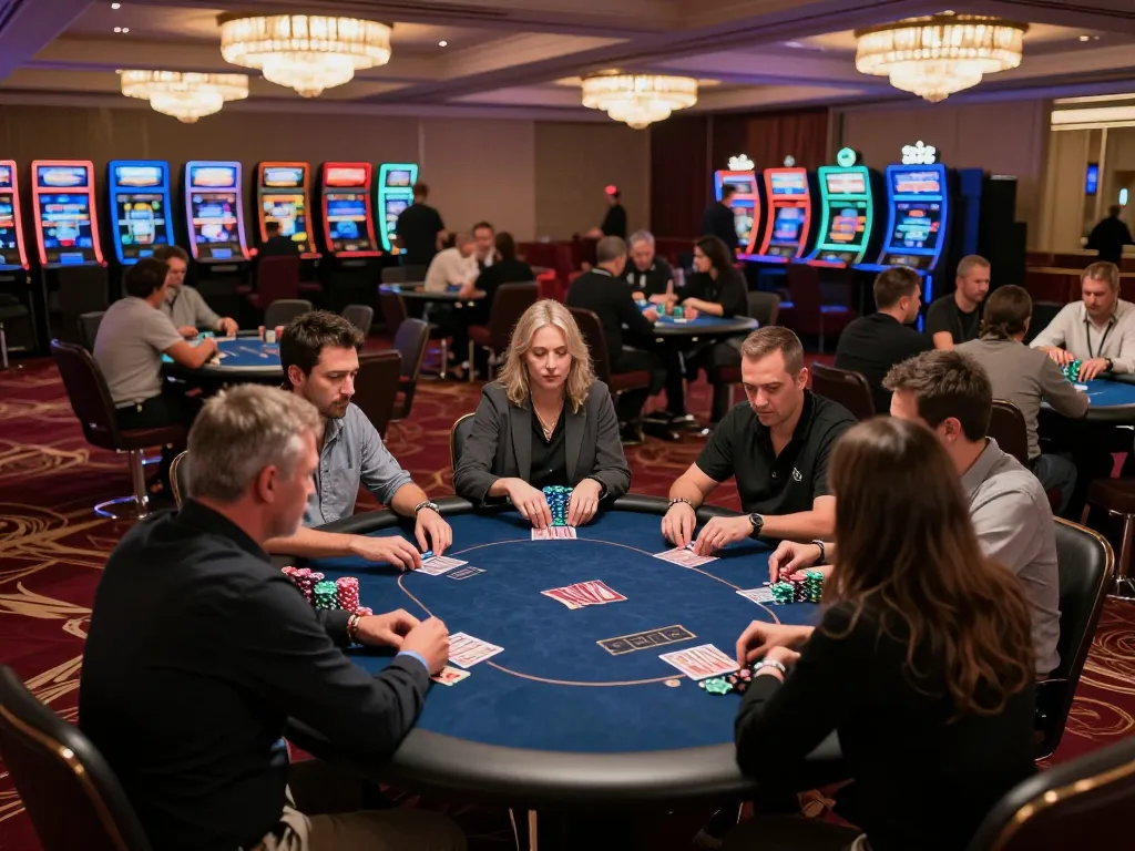 Players engaged in a high-stakes poker tournament at a luxurious casino, showcasing luck8 strategies in a vibrant atmosphere.