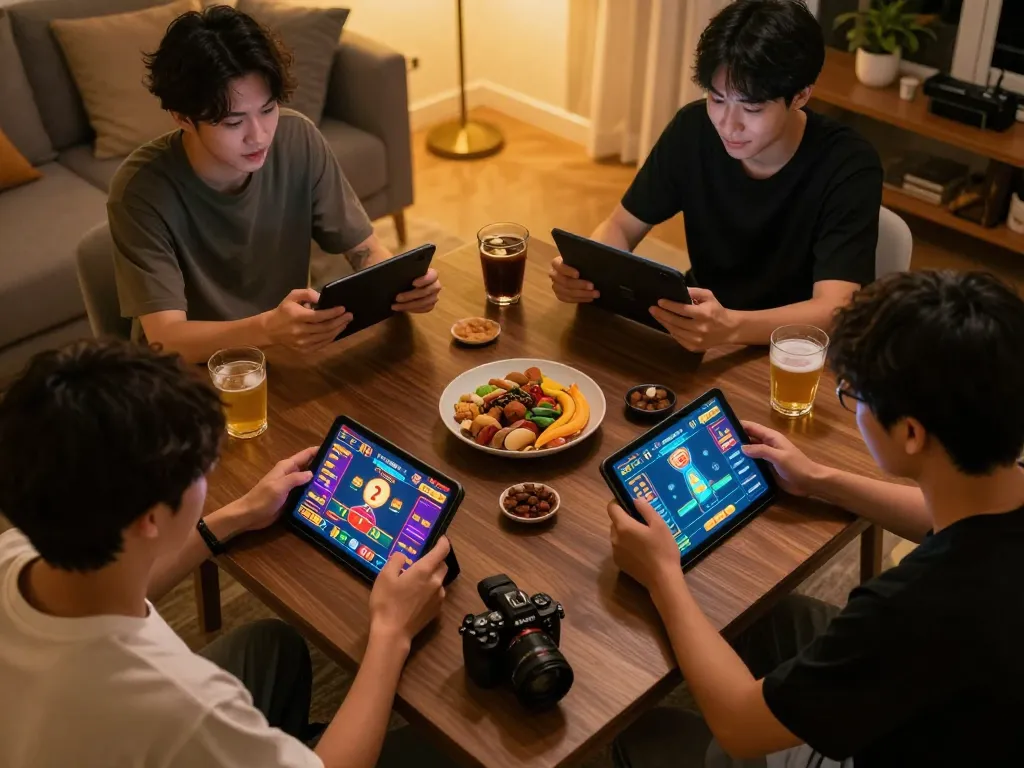 Tài Xỉu online gaming session with players engaged and modern devices in a cozy home.