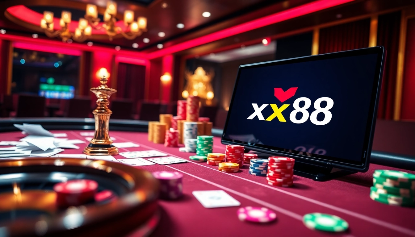 Experience the thrilling excitement of xx88 with dynamic casino visuals featuring elegant gaming elements.