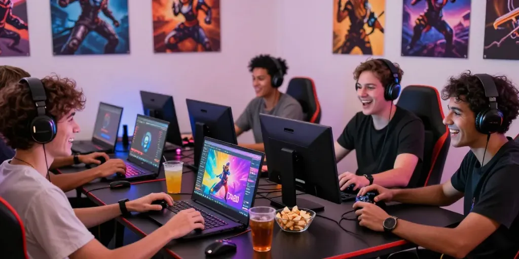 Friends enjoying DA88 online gaming session with laptops and snacks.