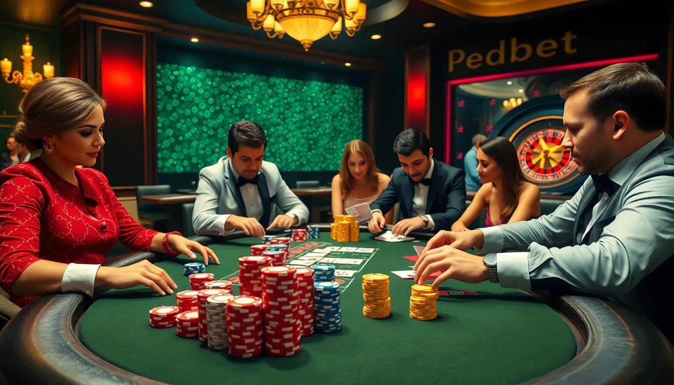 Players enjoying a thrilling poker game at DEBET casino, with vibrant chips and cards on display.