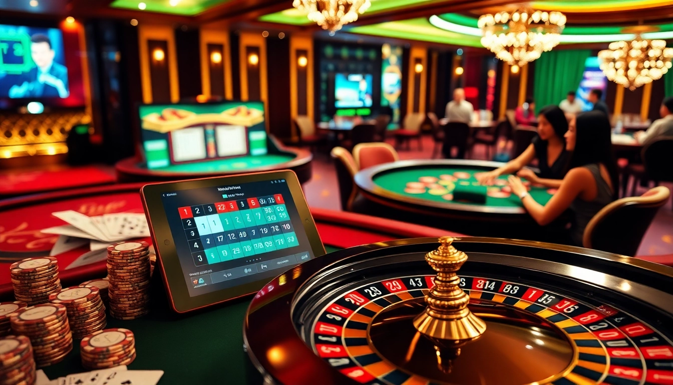 Exciting gambling scene showcasing MM88 COM with casino tables, poker chips, and vibrant betting interfaces.