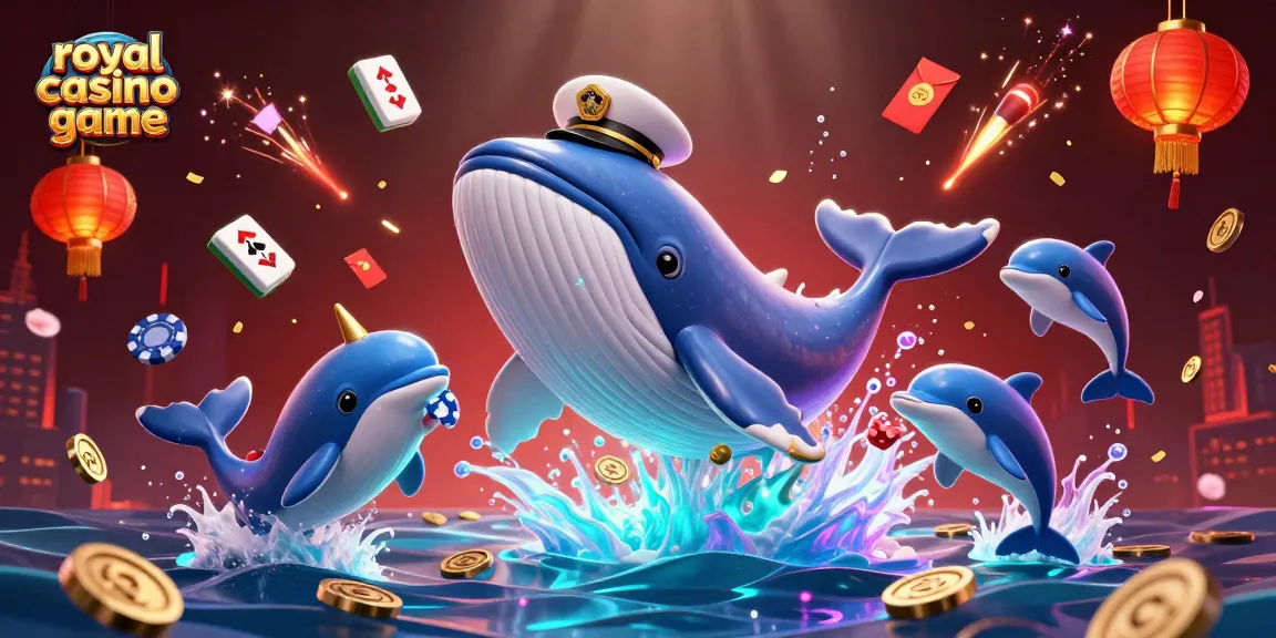 Engage in the royal casino game with a vibrant 3D scene featuring a whale, narwhal, and dolphins around casino elements.