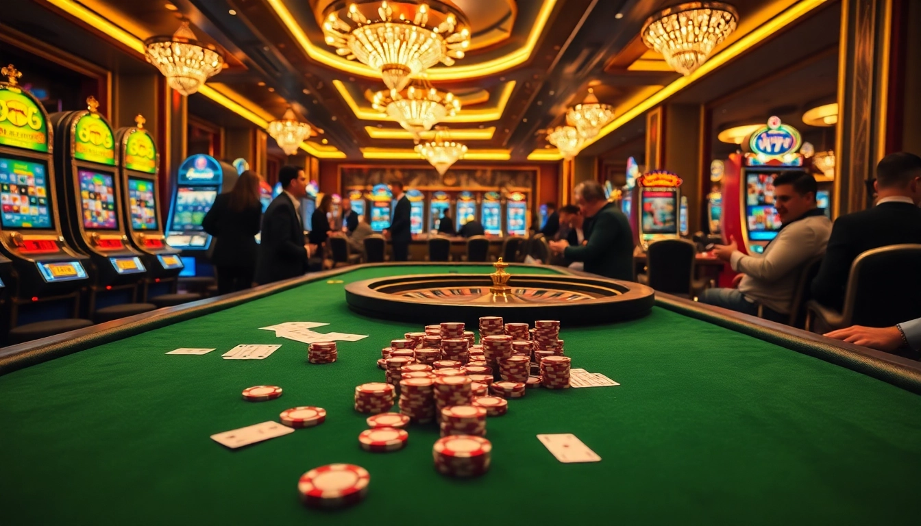Dynamic gambling action at https://f168.me/ highlighting poker chips, slot machines, and casino tables in an elegant setting.