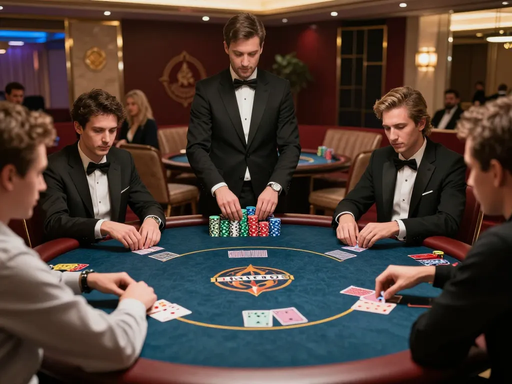Players engaging in a high-stakes poker game at an upscale casino, showcasing thrilling mb66 moments of strategy and excitement.