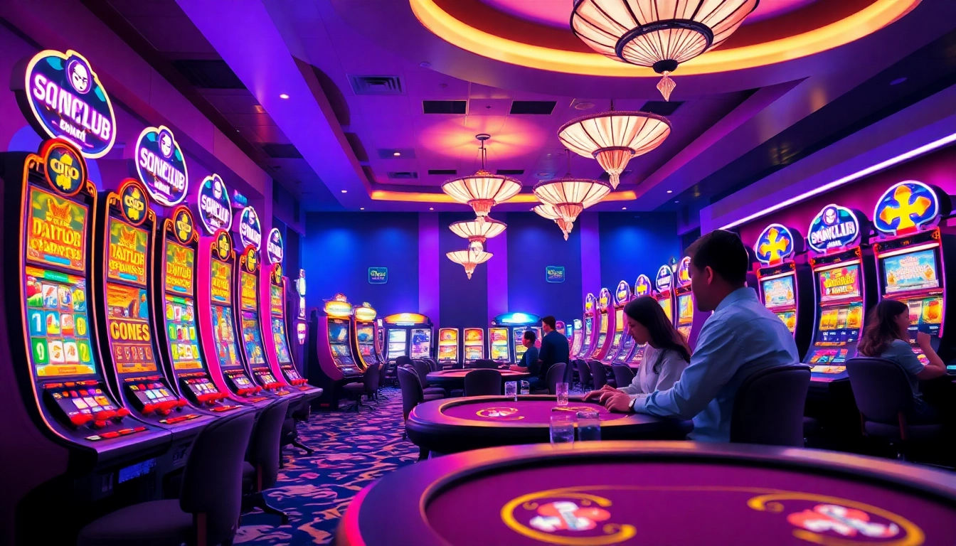 Sonclub gaming experience with vibrant slot machines and interactive card tables in a lively casino environment.