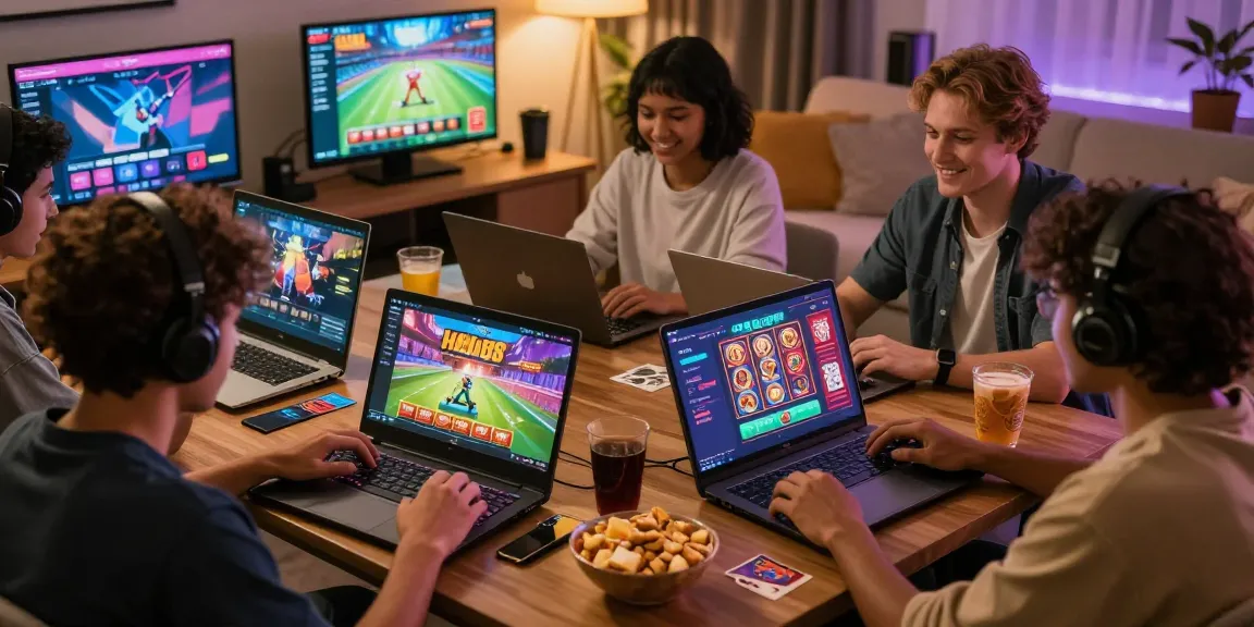 Friends enjoying online gaming at Hello88 in a cozy setting with vibrant digital graphics and snacks.