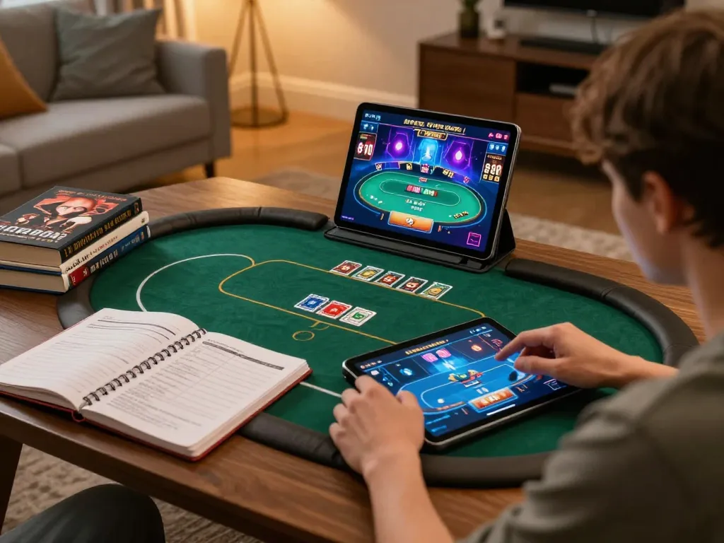 Engaging in strategic online poker gameplay at home with Sun Win platform, showcasing thoughtful financial management