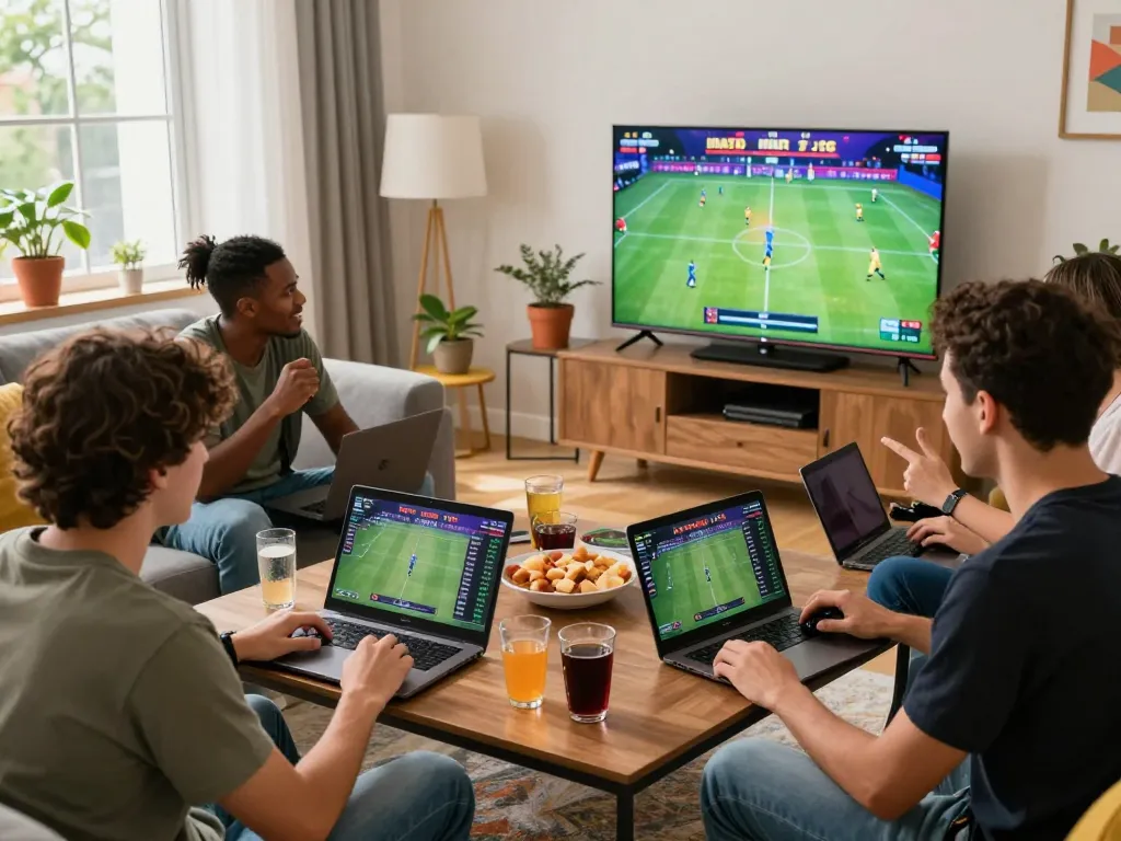 Luckywin online gaming session with friends excitedly betting on sports.