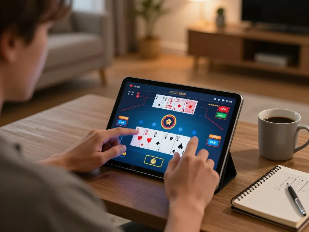 Engaging in a poker game online on a tablet, showcasing Fly88's dynamic gambling experience at home.
