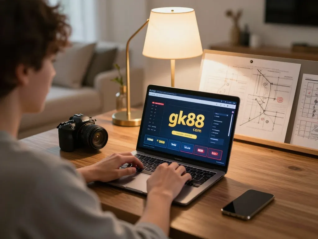 Engaged player strategizing on gk88 com from a cozy home workspace, laptop illuminated