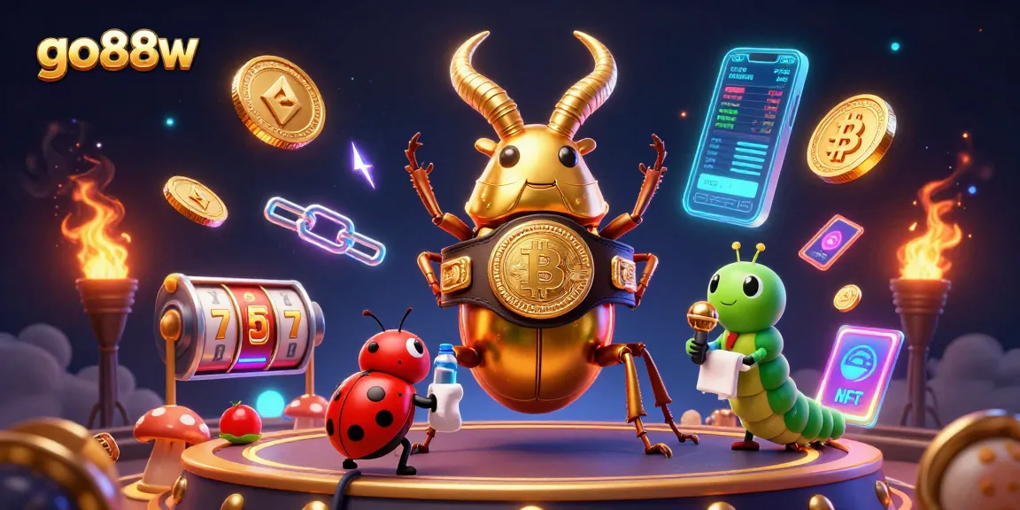 Join the excitement at go88w with a dynamic scene featuring gaming characters and crypto elements.