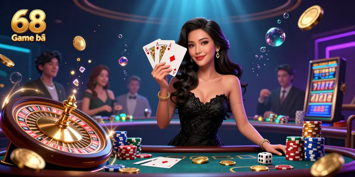 Engage with 68 Game bài via a captivating casino scene showcasing an elegant Asian woman holding playing cards.