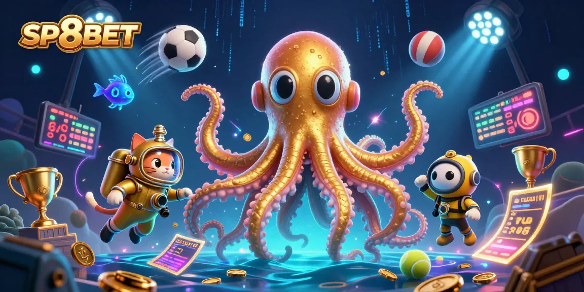 Experience SP8BET's vibrant gaming world with a colossal kraken, diving cat, and dynamic sports elements.