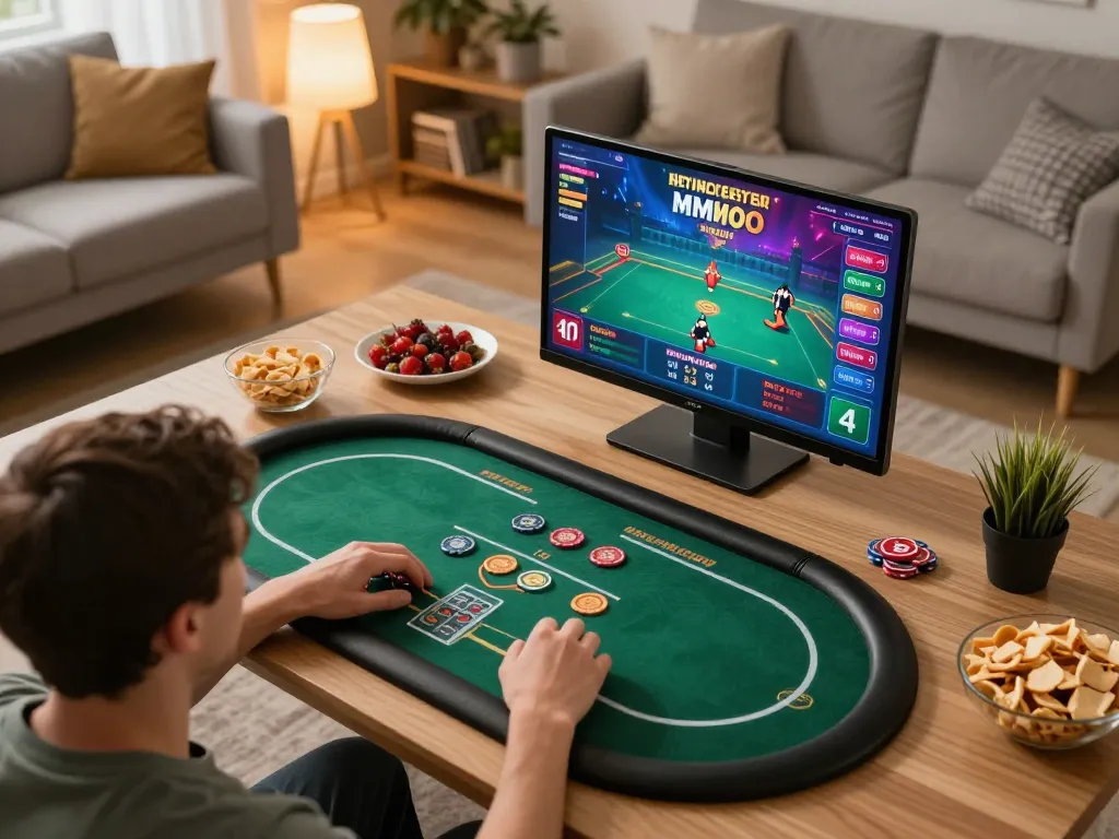 Player engaging in online MMOO gaming on tablet, showing betting interface in cozy setting.