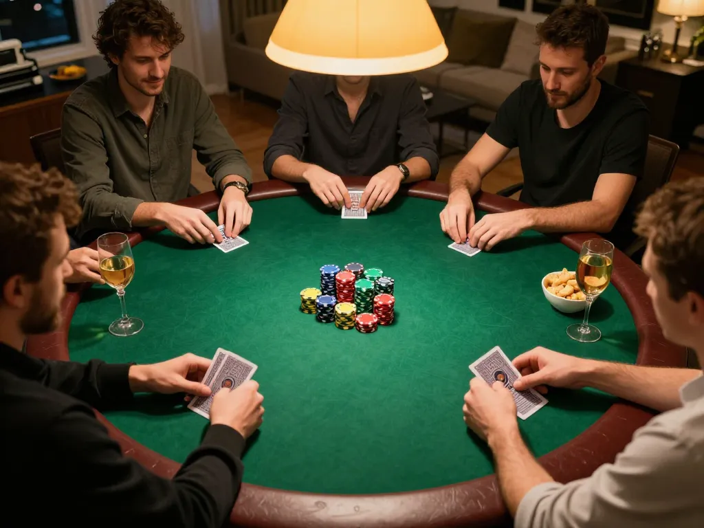 gbong players strategizing during a lively poker game with colorful chips and drinks