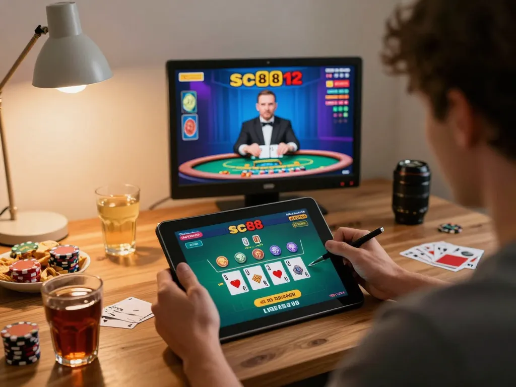 Player enjoying an engaging online sc88 blackjack game on a tablet at home, showcasing responsible entertainment.