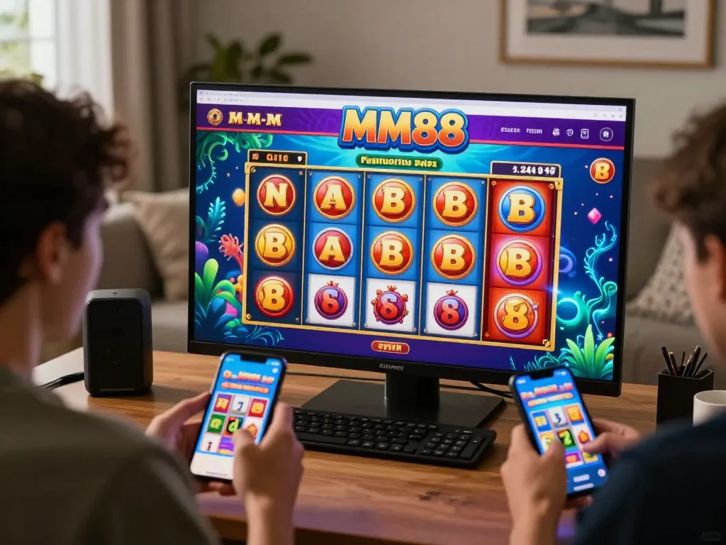Engaging MM88 online casino gameplay displayed on a vibrant home setup, showcasing excited player interaction.