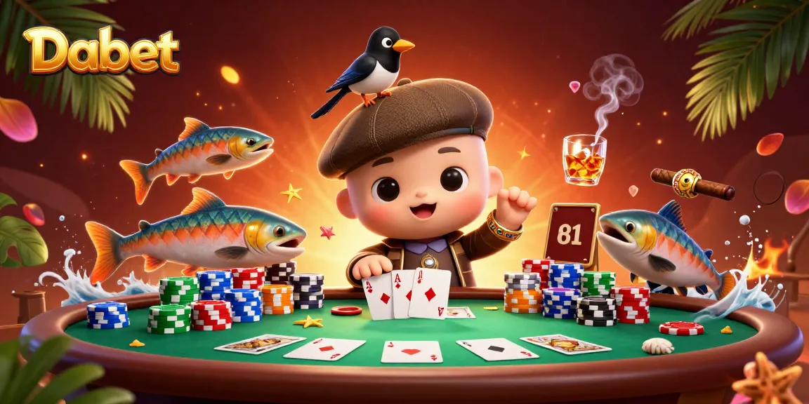 Dabet showcases a playful scene with cartoon characters, poker elements, and colorful casino vibes.