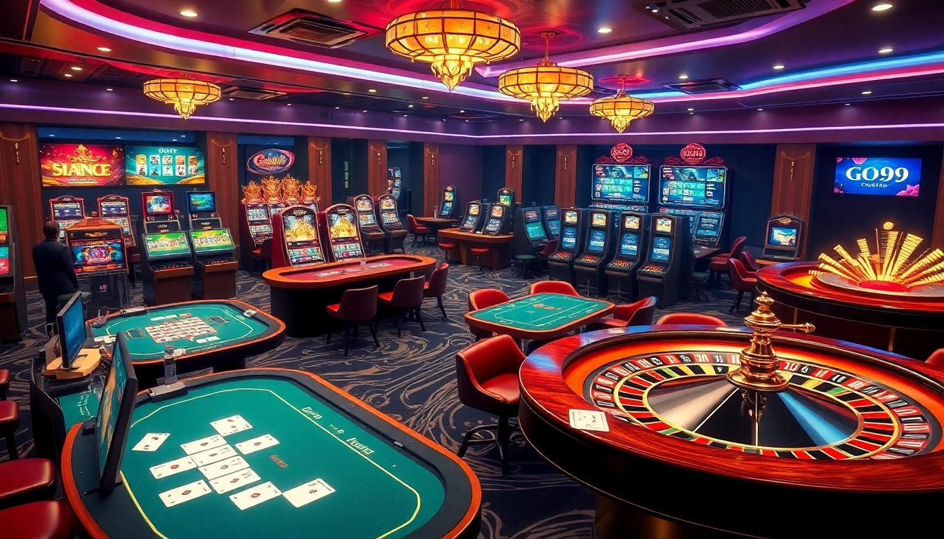Experience thrilling gaming action at Go99 with stylish casino tables, vibrant slot machines, and engaging online interfaces.