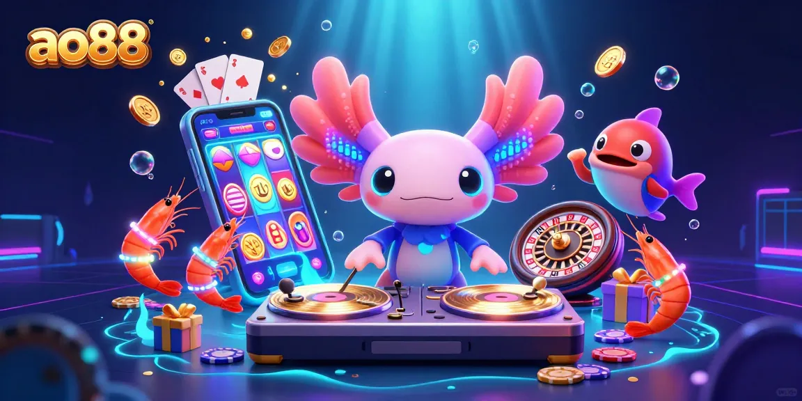 Experience the excitement of ao88 with an underwater casino party featuring an axolotl DJ and vibrant game elements.