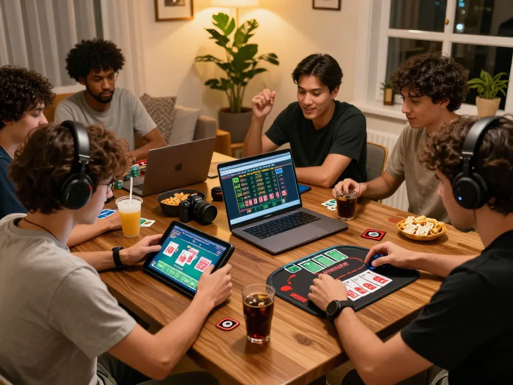 Players engaging in Game bài đổi thưởng at a communal online gaming setup, representing immersive gambling experience.