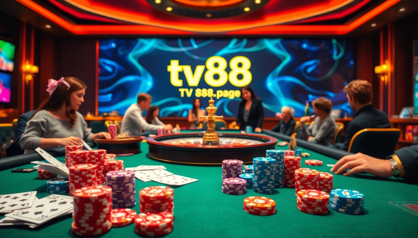 Players enjoying a thrilling casino game experience at tv88.page with vibrant chips and a roulette wheel.