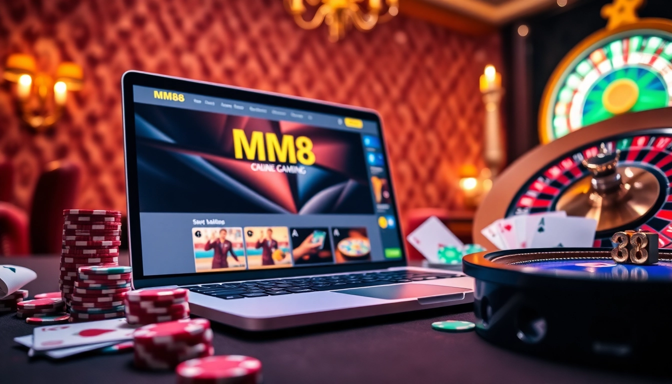 Engage with MM88's premier online gambling experience at the trang chủ mm88, showcasing casino games in a luxurious setting.