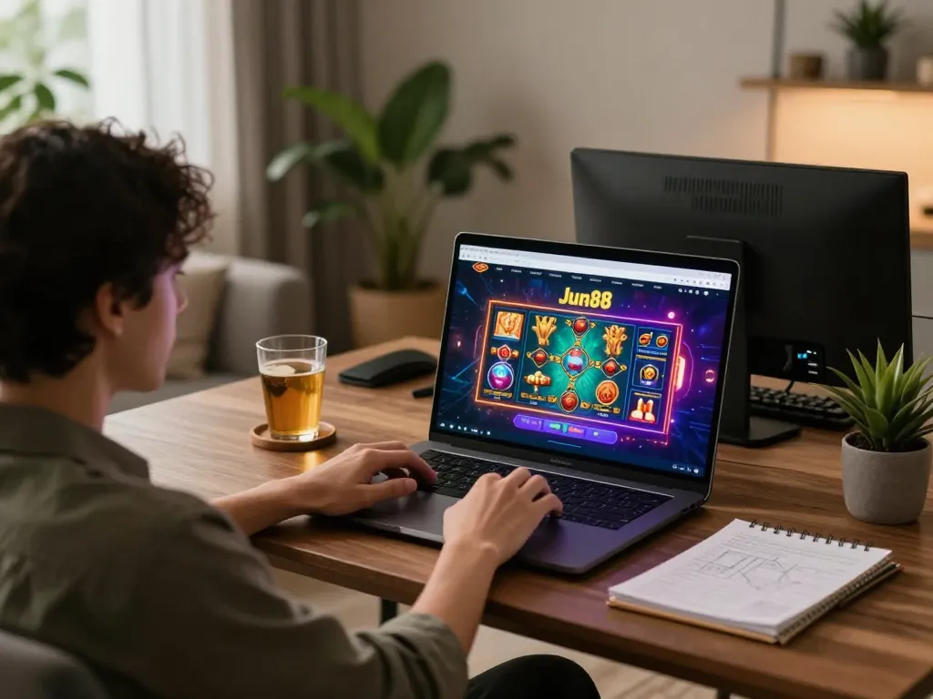Engaging in online gambling at home with Jun88, showcasing modern gaming setup and strategic planning