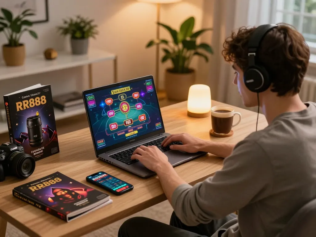 Player enjoying online gaming experience on RR88 with laptop and strategy notes in cozy atmosphere.