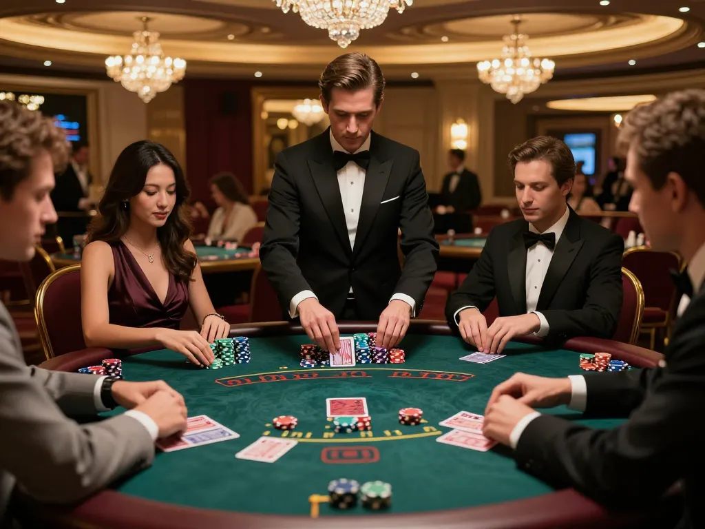 Enjoy dynamic gameplay at a C168 blackjack table with dealers and players in an upscale casino.