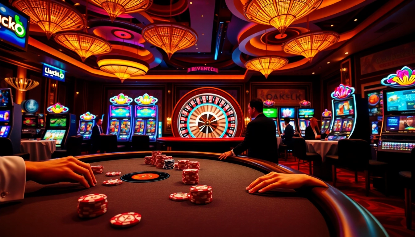 Experience the thrilling atmosphere at Luck8 Com casino with intense poker gameplay and vibrant slot machines.