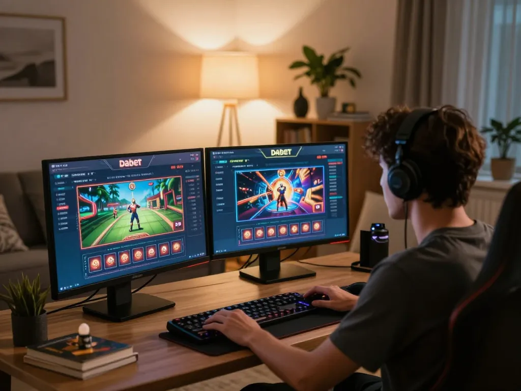 Dabet player immersed in online casino gameplay on a sleek setup, showcasing strategic gaming moments.